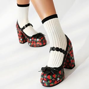 Amazon.com | Women's Sweet Bow Strawberry Pattern Mary Jane